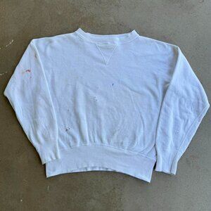 VINTAGE 1950s DISTRESSED PAINT SPLATTER WHITE SINGLE V CREWNECK SWEATER